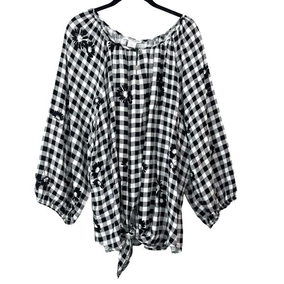 NWTAllison Daley $69 Gingham Floral Blouse Balloon Sleeve Tie Top Plus Size 3X - Picture 2 of 10